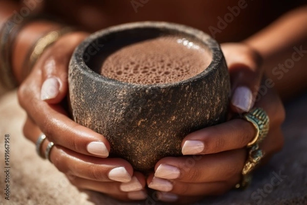 Obraz Woman Holding Ceremonial Cacao Drink in Stone Cup Close Up Shot of Hands and Jewelry Ancient Ritual