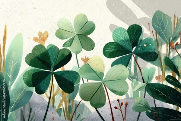 Fototapeta Illustrated Clover Patch in Sunlight Detailed Botanical Art for St Patricks Day Luck and Springtime
