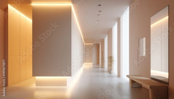 Obraz Minimalist hallway featuring soft tones, clean lines, and warm ambient lighting.