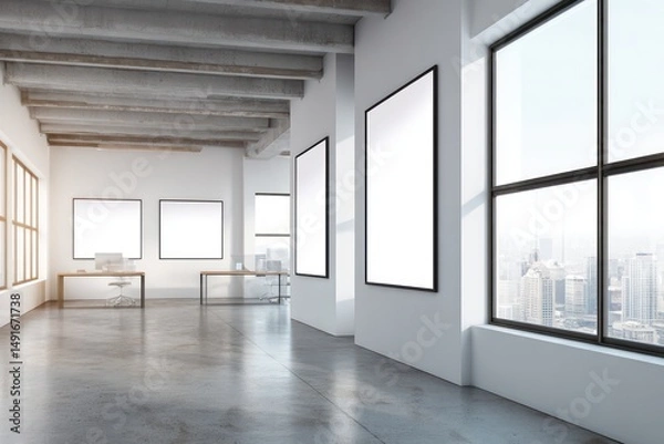 Obraz Minimalist office with blank whiteboard frames, modern desk, and polished concrete surfaces for clarity.