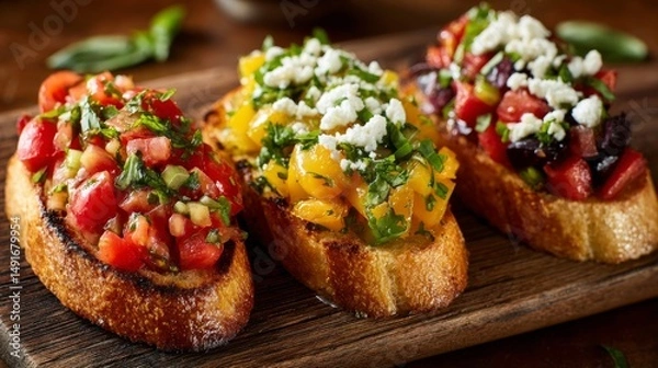 Obraz Trio of colorful bruschetta with various toppings