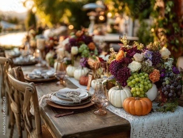 Obraz Autumn harvest table centerpiece with pumpkins grapes and flowers outdoor dining event party decoration arrangement at sunset