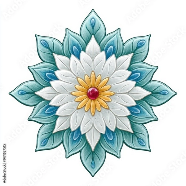 Fototapeta Teal and White Flower Mandala with Ruby Gemstone