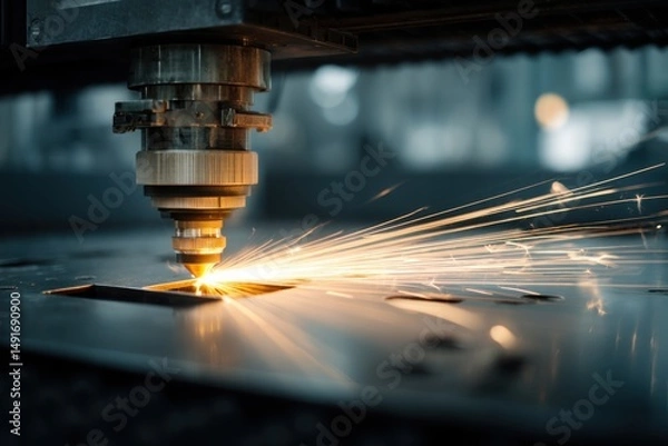 Obraz Metal laser cutting machine in action close up industrial manufacturing process with sparks and precision