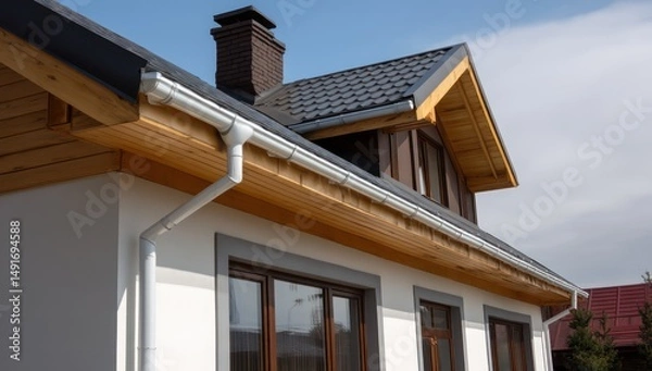 Obraz Section of a white house with a new wooden eave, chimney, and grey shingle roof, against a brown facade.