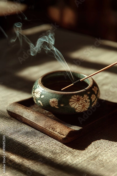 Obraz Incense stick slowly releasing smoke in ceramic burner on wooden tray