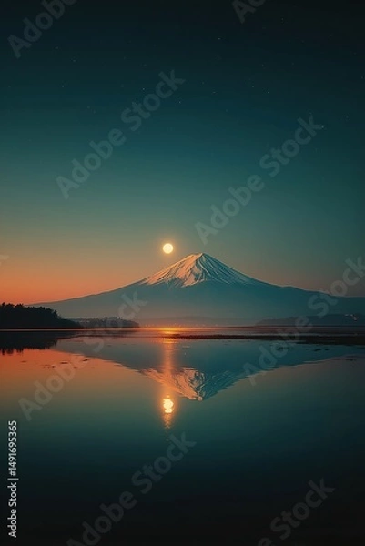 Obraz Mount fuji reflecting in lake at sunset with moon and stars