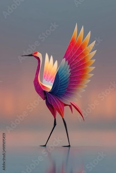 Obraz Colorful crane walking with open wings at sunset