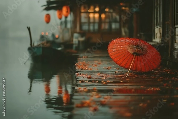 Obraz Red japanese umbrella resting on pier in moody rainy day