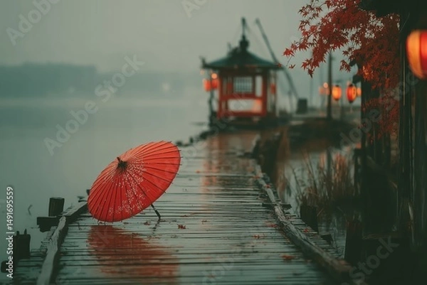 Obraz Red japanese umbrella resting on a rainy pier at dusk