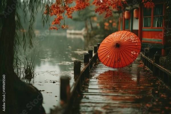Obraz Red japanese umbrella resting on wooden pier in autumn