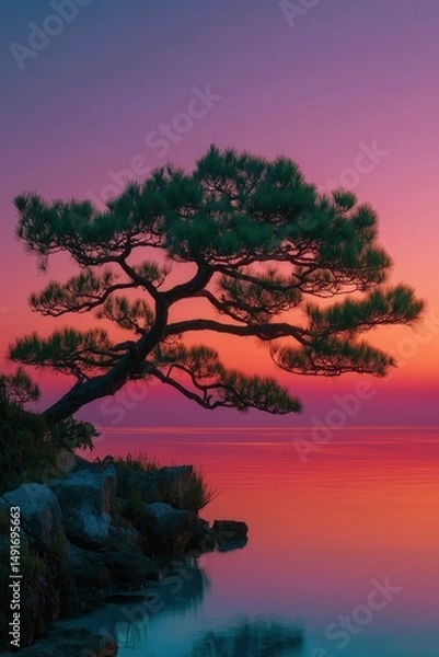 Obraz Tranquil sunset over serene lakeside tree