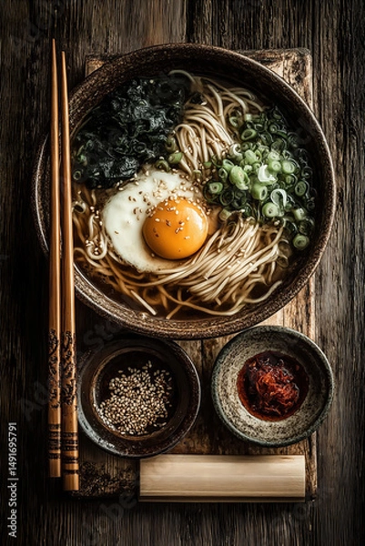 Obraz Ramen noodles with egg, spices and chopsticks resting on rustic wooden board
