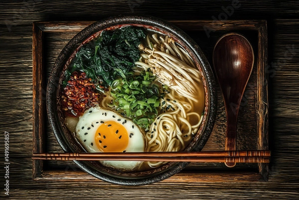 Obraz Steaming bowl of ramen with egg, spinach, and enoki mushrooms invites dining