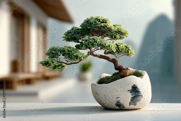 Obraz Small bonsai tree growing in a decorative pot on a blurred background