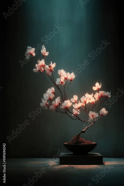 Obraz Blooming pink magnolia bonsai in a dark room with dramatic lighting