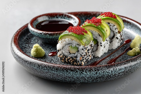Obraz Dragon roll sushi with avocado, sesame seeds and roe on plate with soy sauce and wasabi