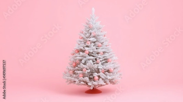 Fototapeta Small white Christmas tree decorated with pink ornaments on a plain background, ideal for holiday themes.