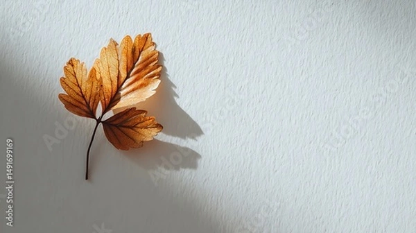 Fototapeta a single leaf casting a soft shadow on a white surface, modern minimal layout, light tone, empty background for typography,