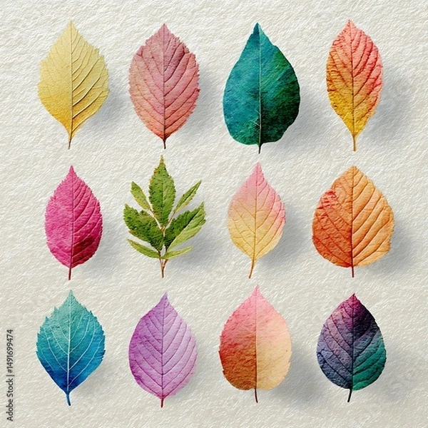 Fototapeta a group of watercolor-style autumn leaves in pastel tones on textured paper, hand-drawn look, space in upper left for writing,