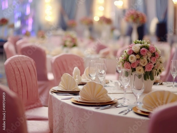 Fototapeta Hall decorated for wedding ceremony. Round chairs and tables for guests, served with cutlery and flowers.