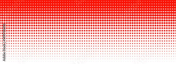 Fototapeta Red color halftone gradient texture. Vanishing cartoon polka dot background. Repeating dotted gradation pattern. Fading comic pop art overlay backdrop. Raster halfton patern effect wallpaper. Vector