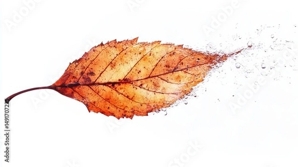 Fototapeta Disintegrating autumn leaf against a white background, captured mid-dissolution, showcasing intricate detail and texture