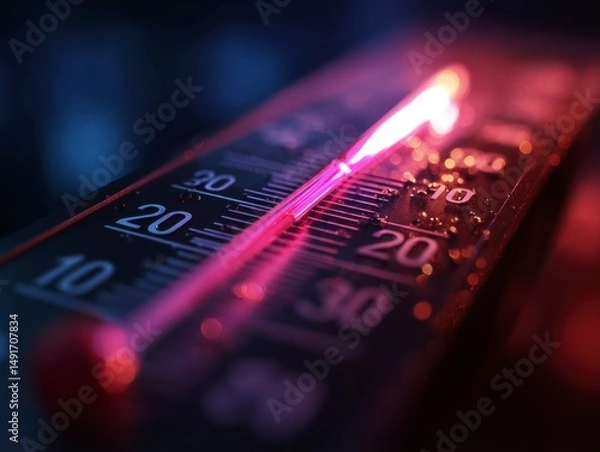 Fototapeta Thermometer shows higt temperatures in celsius or farenheit.