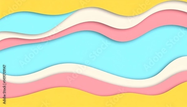 Fototapeta Colorful wavy layers of pink, blue, and cream against a bright yellow background create a vibrant, abstract design