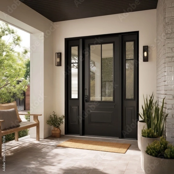 Obraz Contemporary black front entry door with sidelites, creating a sleek and stylish welcome.