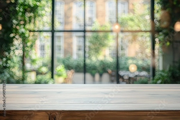 Fototapeta Empty wooden table with soft-focused greenery and building windows in the background creating a calm and natural atmosphere