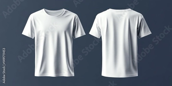Fototapeta Front and back views of a plain white short-sleeve crew neck t-shirt displayed against a dark blue background
