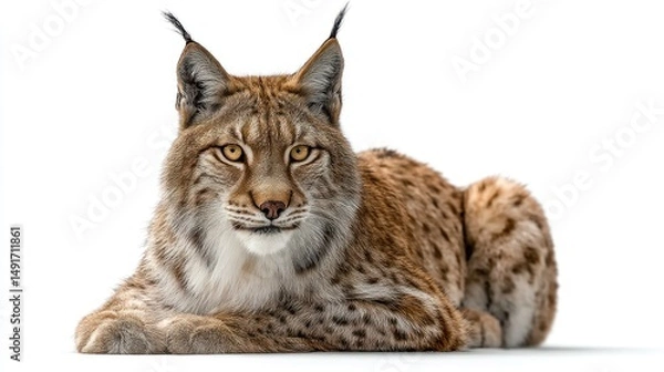 Fototapeta A Eurasian lynx with tufted ears and spotted fur, sitting in the center of the frame, white background, sharp detail, natural lighting, high-resolution photography