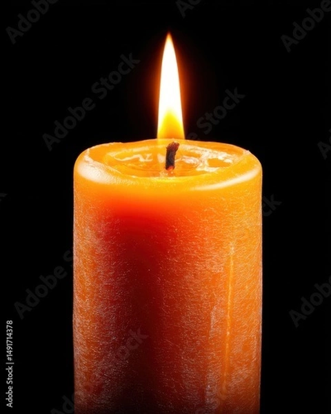 Fototapeta Close up of a burning orange candle against a black background creating a warm glow in a studio setting