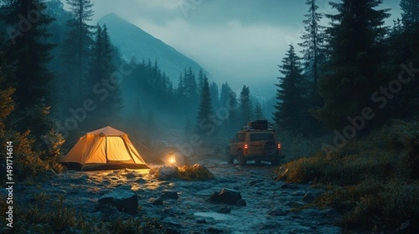 Fototapeta A glowing tent and lantern beside an SUV in a misty forest, with mountains in the background, create a serene camping scene at dusk.