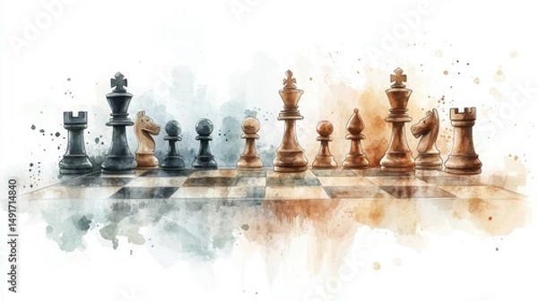 Fototapeta A watercolor illustration of a chessboard with black and brown chess pieces arranged for the start of a game.
