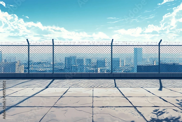 Fototapeta Anime School Rooftop with City Background