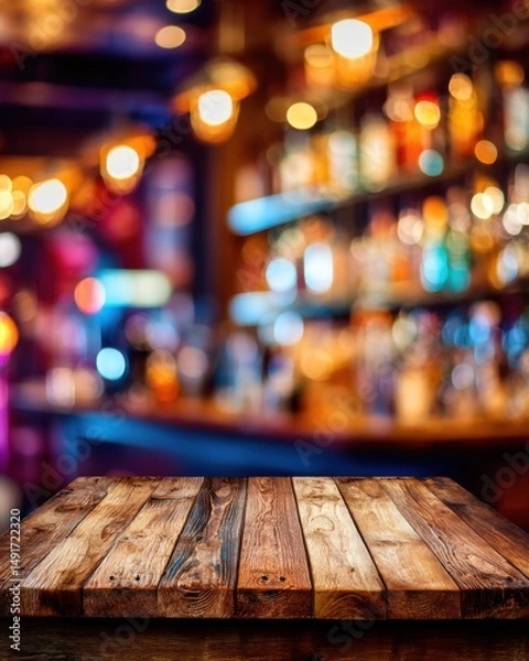 Fototapeta Rustic wooden table surface against blurred bar interior with colorful bottles and lights bokeh background
