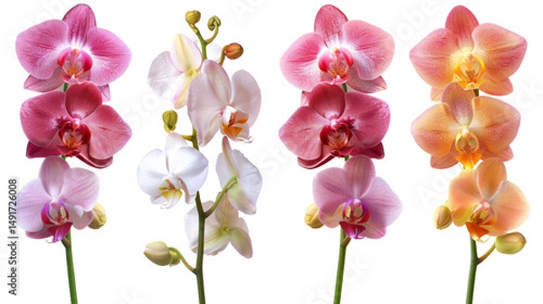 Fototapeta Elegant Orchid Blossoms in a Spectrum of Colors Isolated on White Background