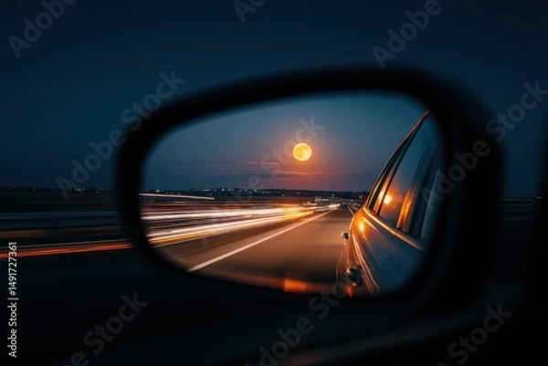 Fototapeta Car Side Mirror Reflecting Full Moon and Highway Traffic at Night Artistic Long Exposure