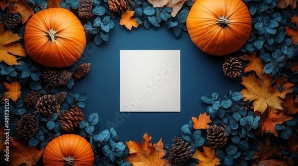 Fototapeta three pumpkins surrounded by autumn leaves and pinecones arranged around a blank square paper on a dark blue surface creating a seasonal fall composition