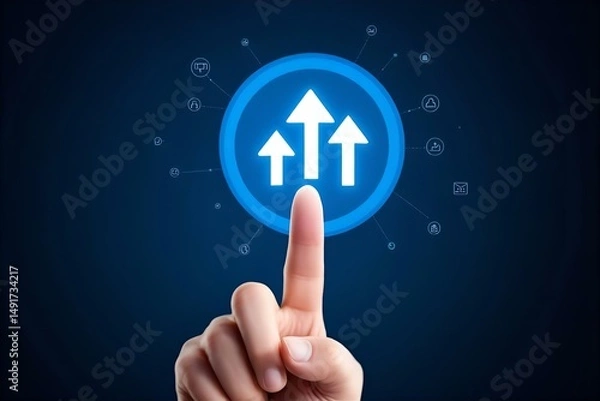Fototapeta Growth Strategy: Hand Pointing at Upward Arrows Icon on Digital Screen, Business Success, Progress, and Development Concept