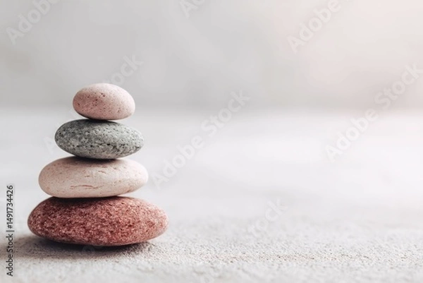 Fototapeta Balancing tranquility stacked stones sculpture minimalist setting still life calm atmosphere close-up view