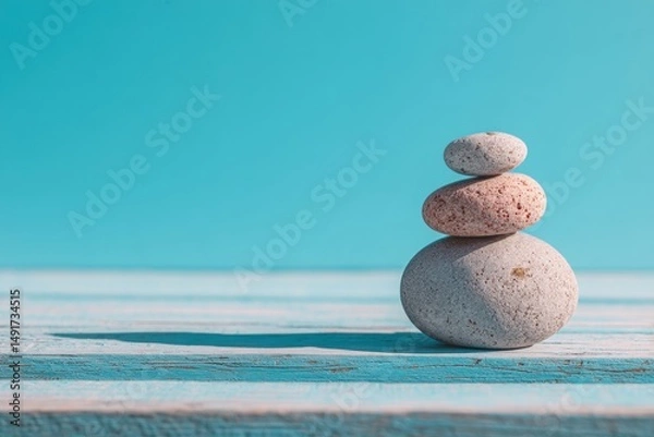 Fototapeta Balancing tranquility stacked pebbles coastal retreat nature photography serene atmosphere close-up mindfulness concept