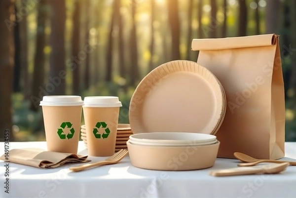 Fototapeta Eco-Friendly Disposable Tableware: Paper Cups, Plates, Bowls, Cutlery & Bag for Sustainable Picnic or Event in Nature