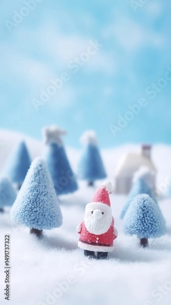 Fototapeta Small Santa Claus figurine standing in snowy forest with pine trees, winter daylight scene.
