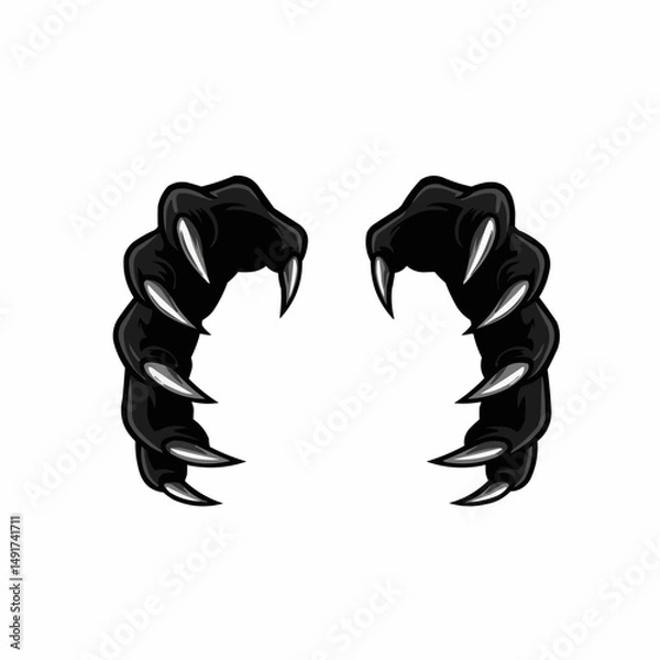 Fototapeta Two large black cartoonish claws with sharp white nails reaching down isolated