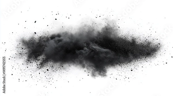 Fototapeta A dramatic cloud of black powder explodes against a stark white background, creating a textured, abstract image