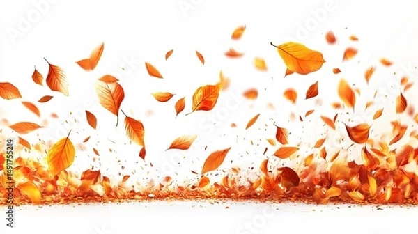 Fototapeta A wave of autumn leaves, orange and golden, falling and swirling against a white background.  Many leaves are in motion, creating a dynamic, seasonal scene