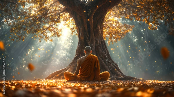 Fototapeta A monk meditates peacefully under the Bodhi tree. The concept of mindfulness, spiritual awakening, enlightenment, and inner peace in Buddhist practice. Generative AI.
